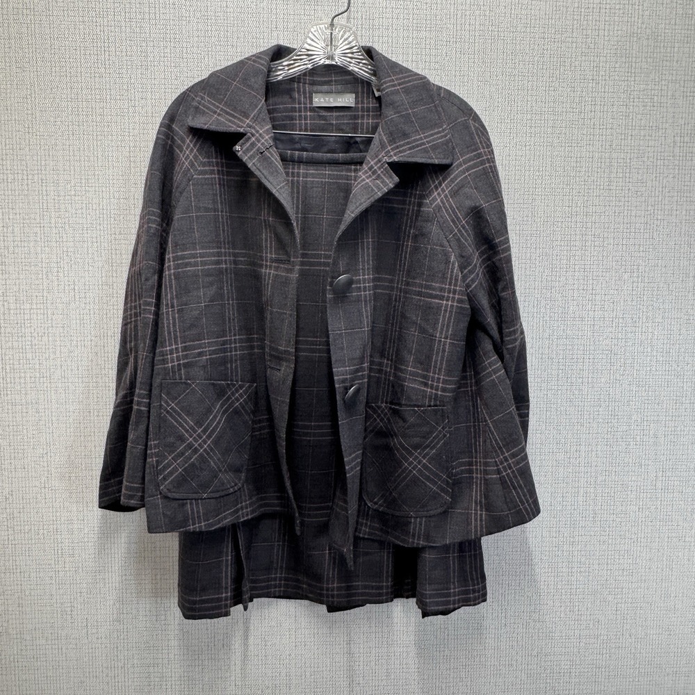Kate Hill Skirt Suit Set Womens 8 Grey‎ Pink Plaid Dark Academia Professional
